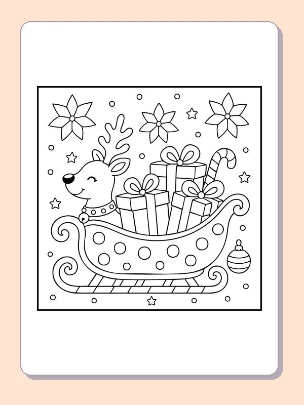 Reindeer Pulling a Gift Sleigh coloring page: black and white line art to print or color online
