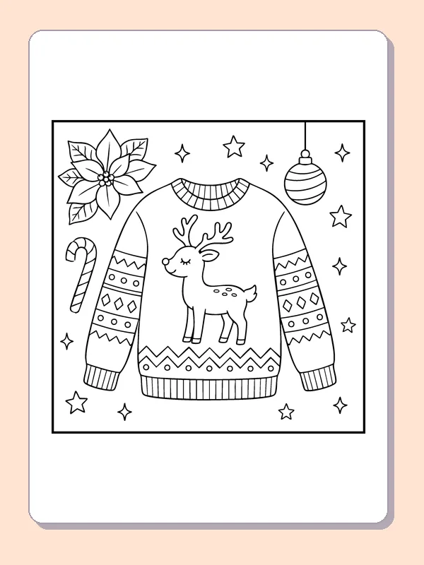 Reindeer Christmas Sweater coloring page: black and white line art to print or color online