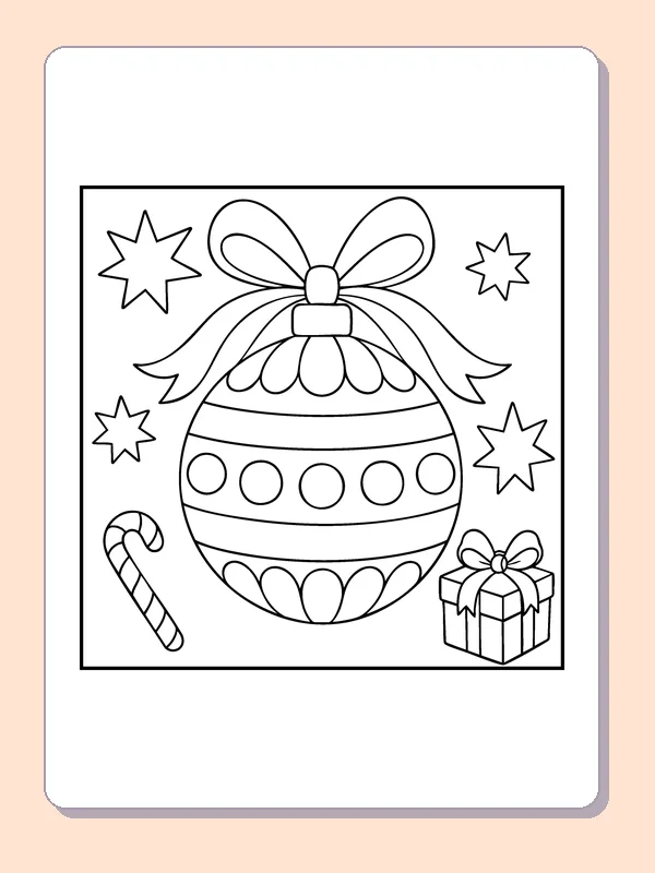 Round Ornament with a Bow coloring page: black and white line art to print or color online