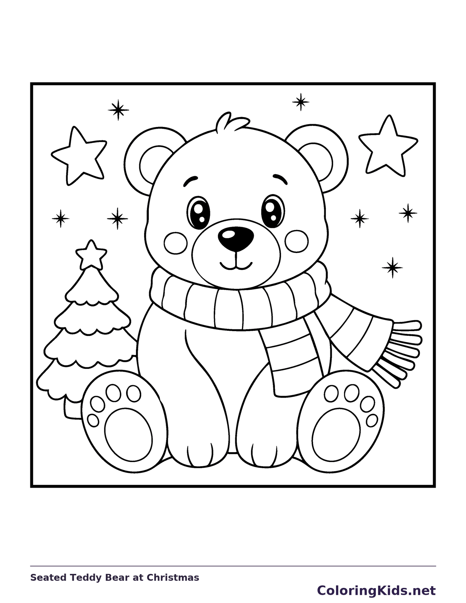 Seated Teddy Bear at Christmas coloring page: black and white line art to print or color online