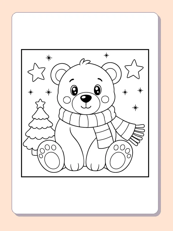 Seated Teddy Bear at Christmas coloring page: black and white line art to print or color online