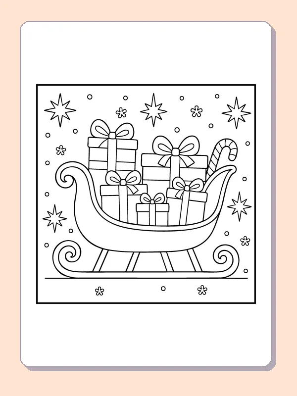 Sleigh Full of Presents coloring page: black and white line art to print or color online