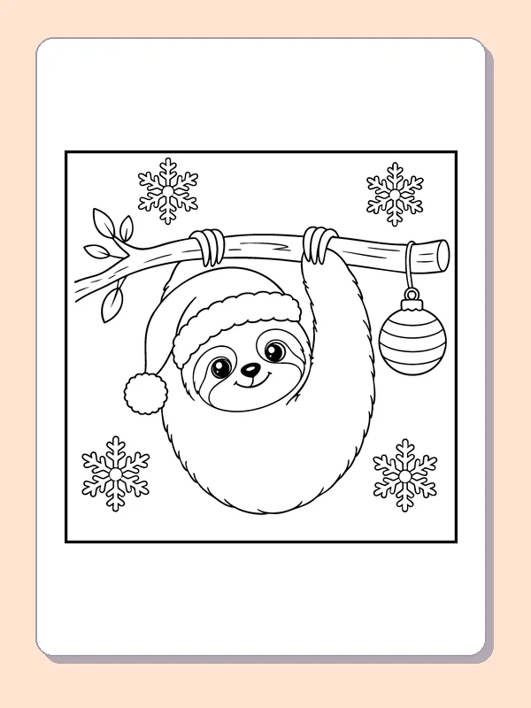 Sloth on a Christmas Branch coloring page: black and white line art to print or color online