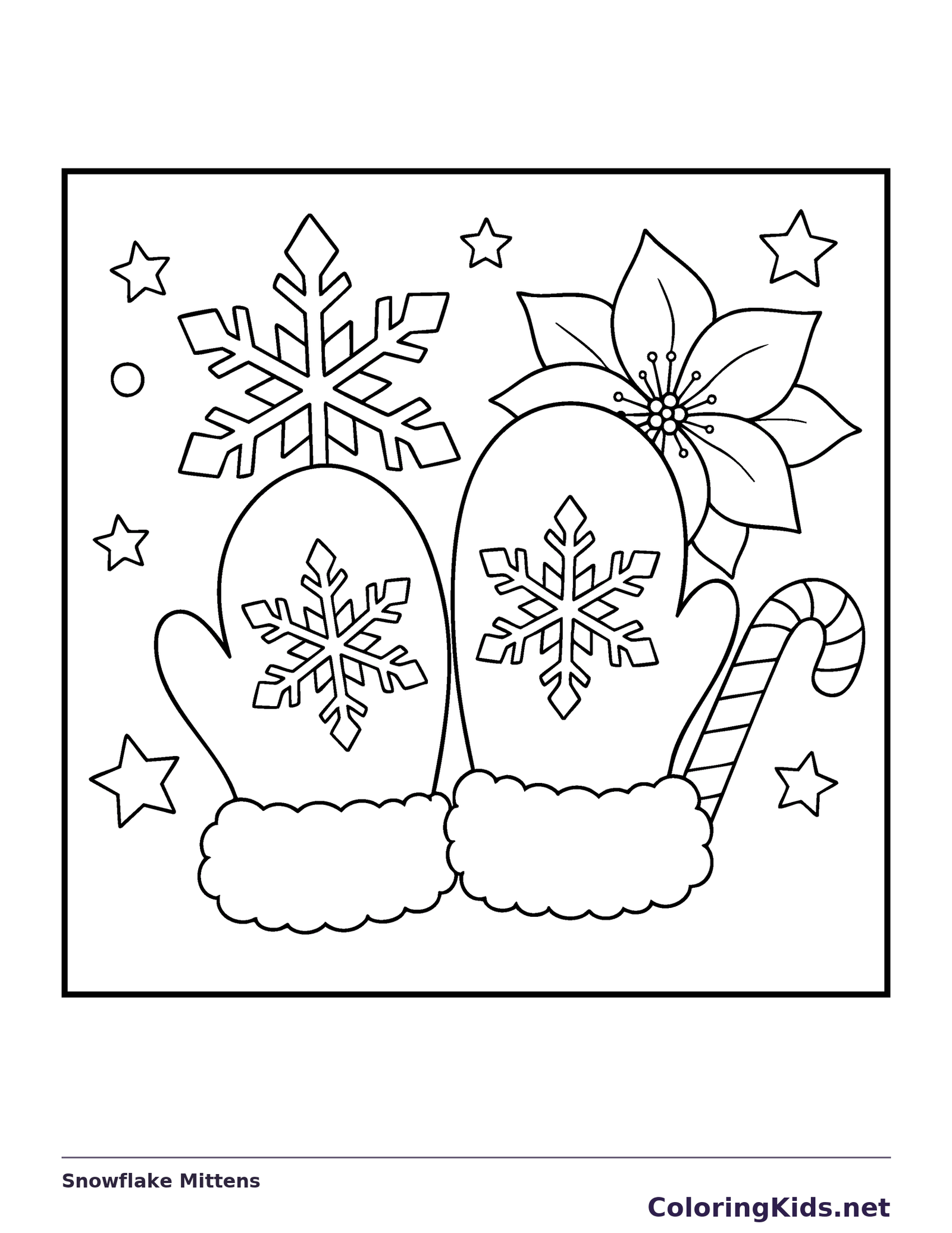 Snowflake Mittens coloring page: black and white line art to print or color online