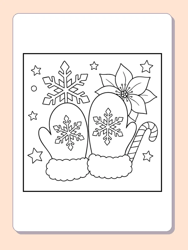 Snowflake Mittens coloring page: black and white line art to print or color online