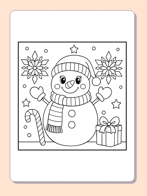 Snowman with a Present coloring page: black and white line art to print or color online