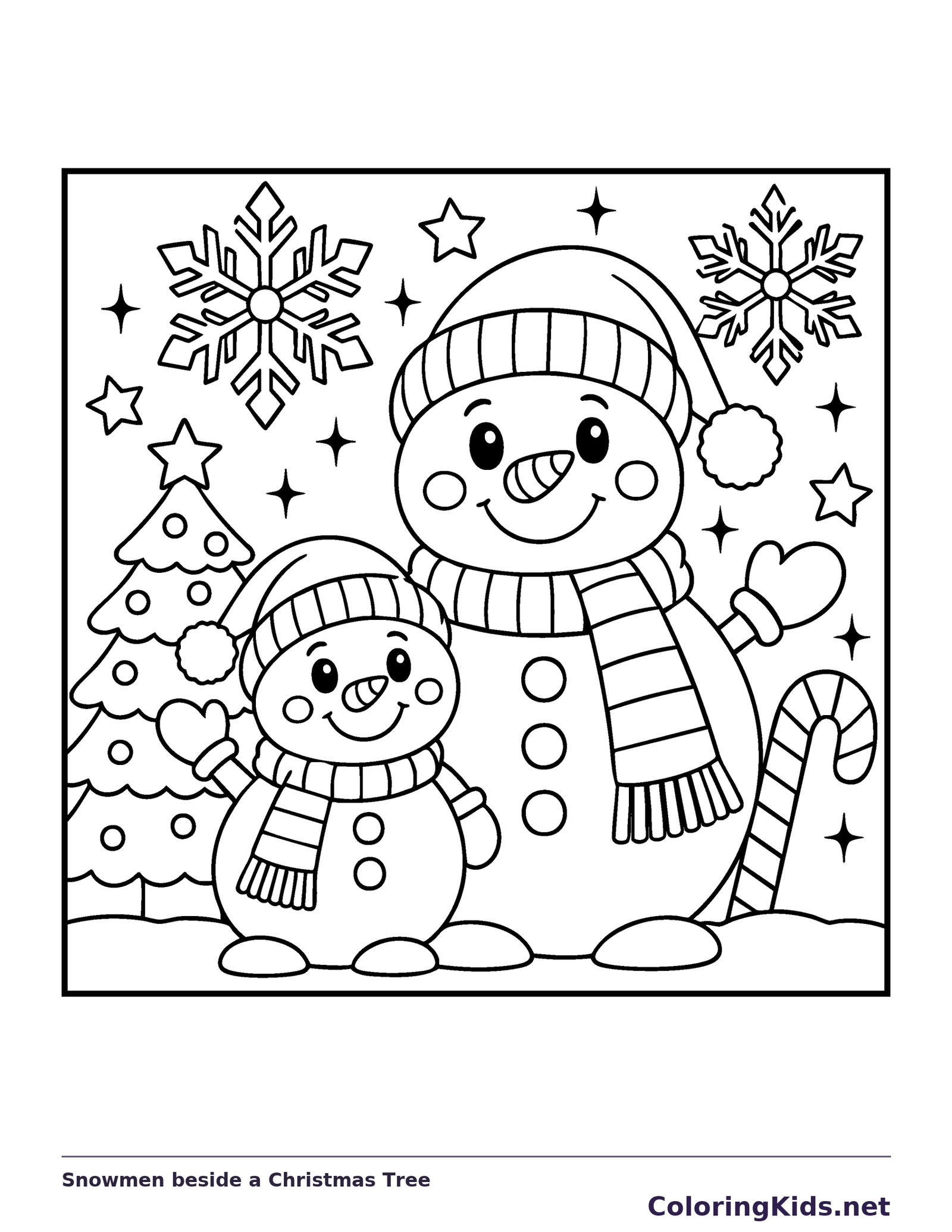 Snowmen beside a Christmas Tree coloring page: black and white line art to print or color online