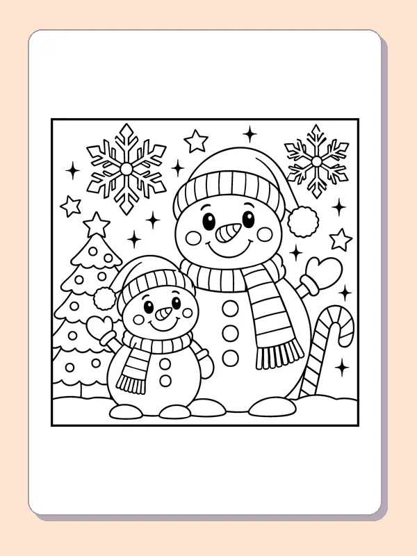 Snowmen beside a Christmas Tree coloring page: black and white line art to print or color online