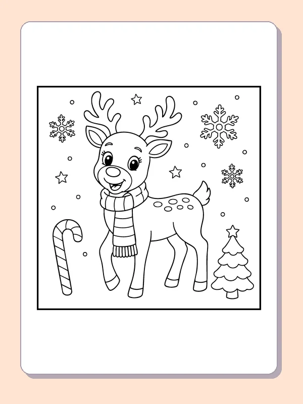 Spotted Deer in the Snow coloring page: black and white line art to print or color online
