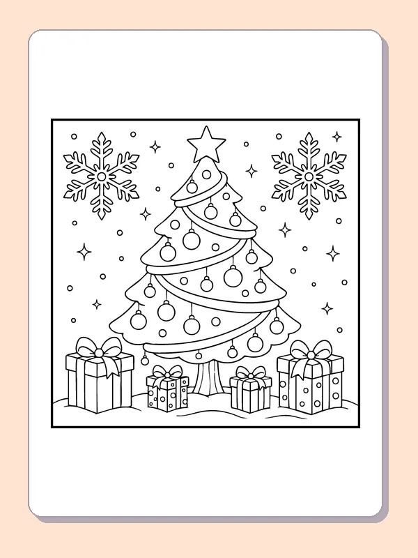 Star-Topped Tree with Gifts coloring page: black and white line art to print or color online