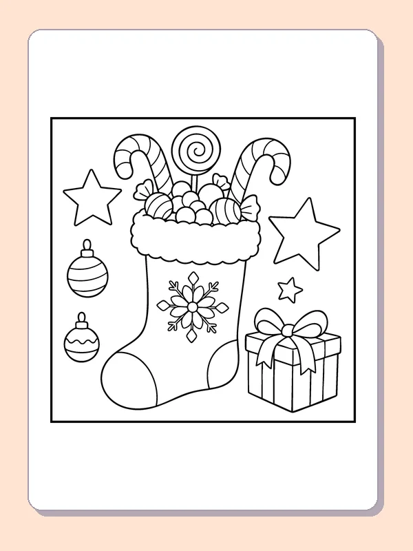Stocking with Candy Canes coloring page: black and white line art to print or color online