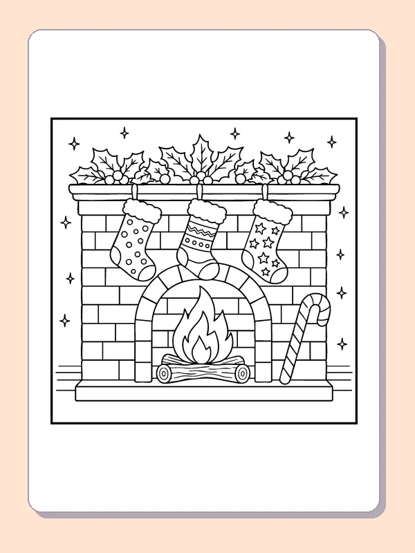 Stockings by the Fireplace coloring page: black and white line art to print or color online