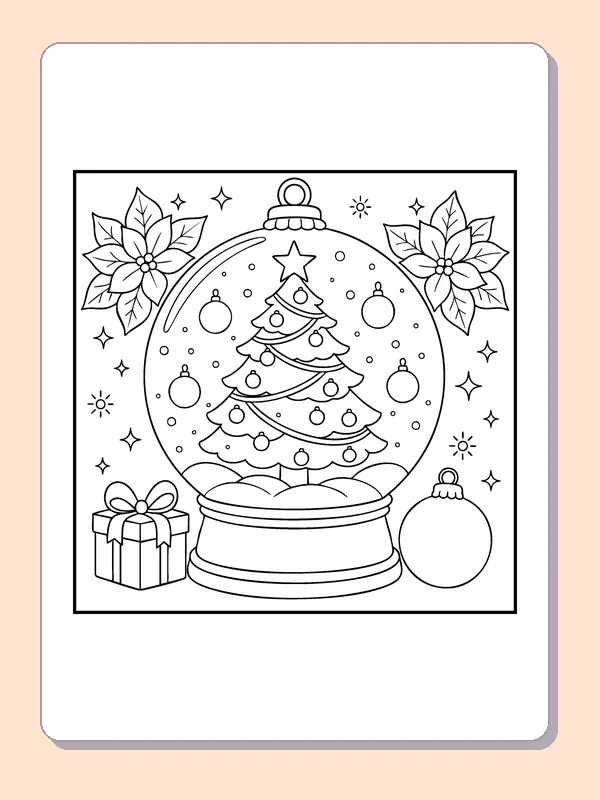 Tree inside a Snow Globe coloring page: black and white line art to print or color online