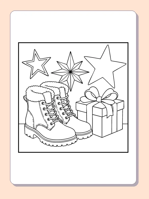 Winter Boots and Gifts coloring page: black and white line art to print or color online