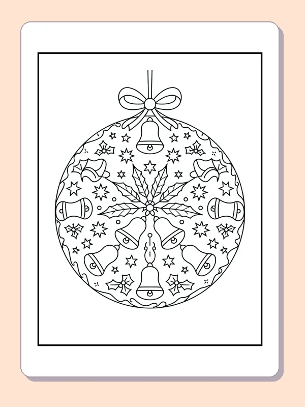 Bow-topped round ornament filled with bells, holly leaves and small stars