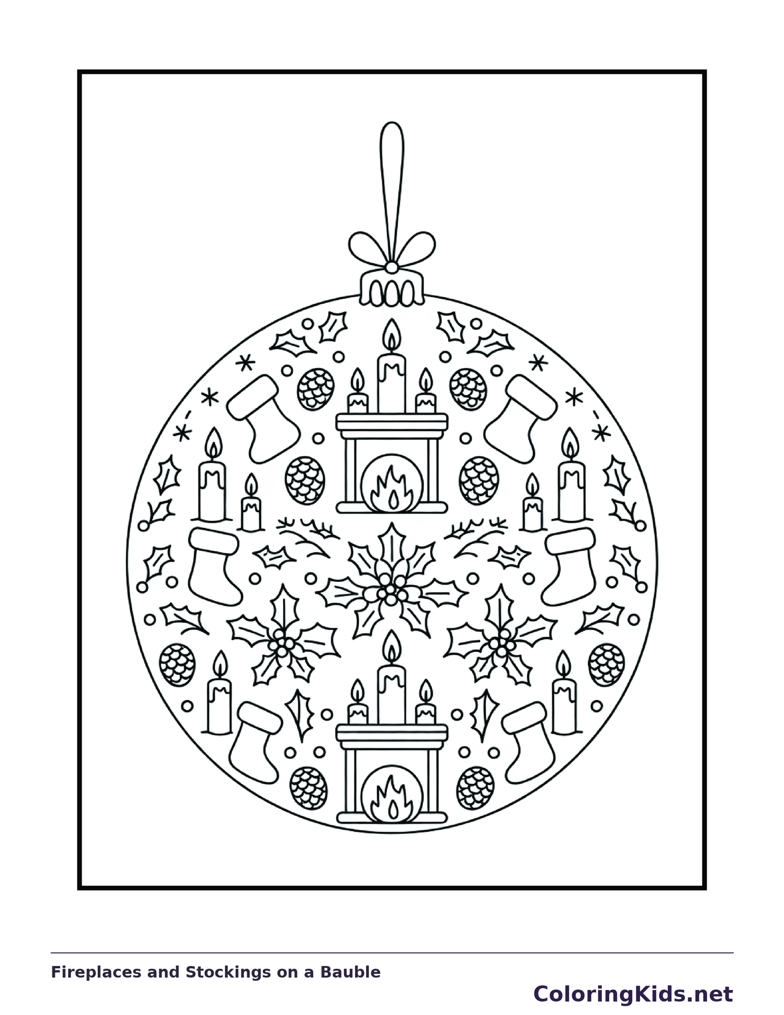 Hanging ornament patterned with fireplaces, stockings, gifts and holly