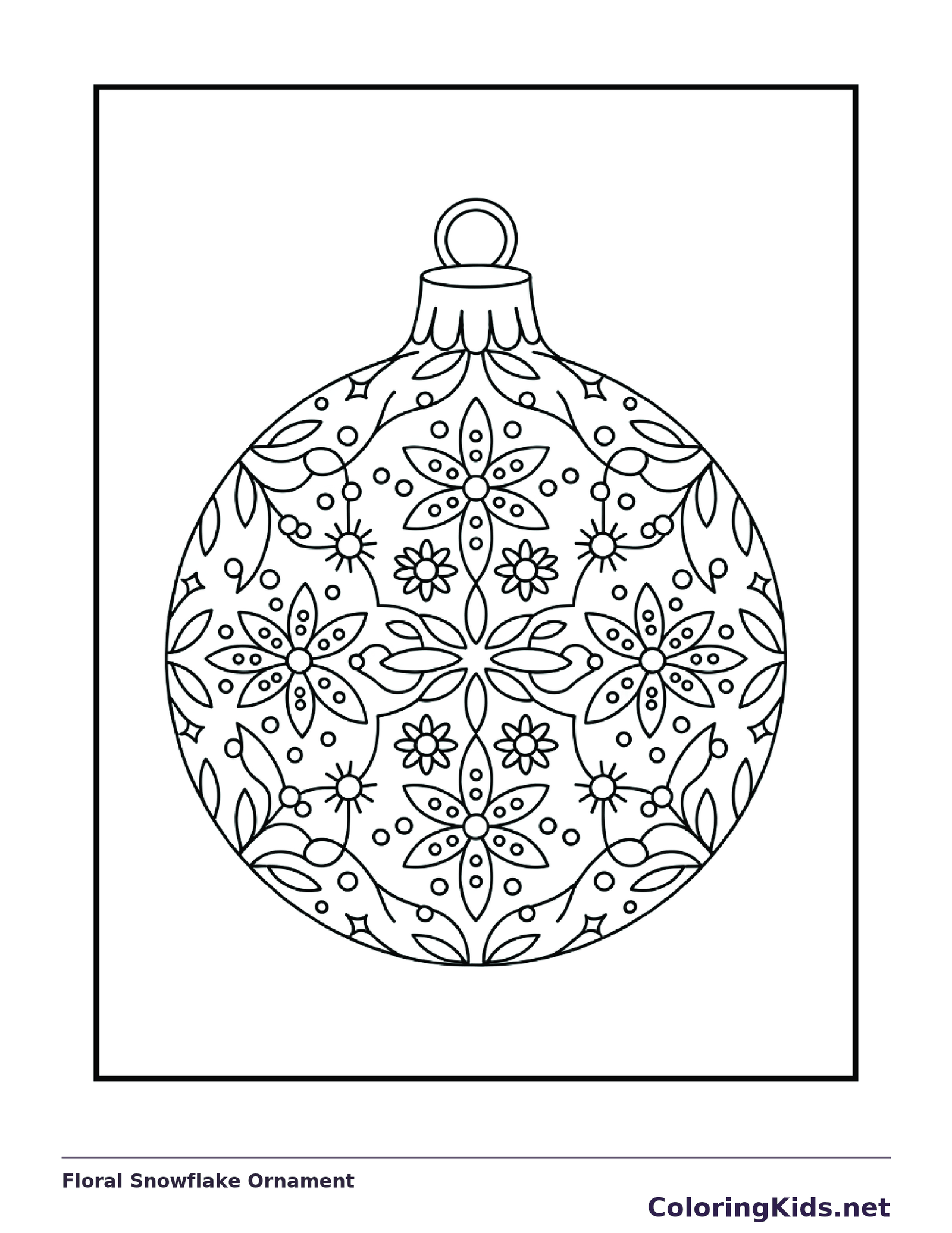 Round ornament covered in repeating floral snowflakes, dots and leaves