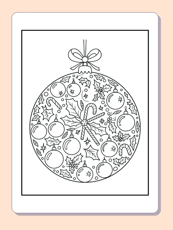 Hanging round bauble densely filled with holly, stars and small ornaments