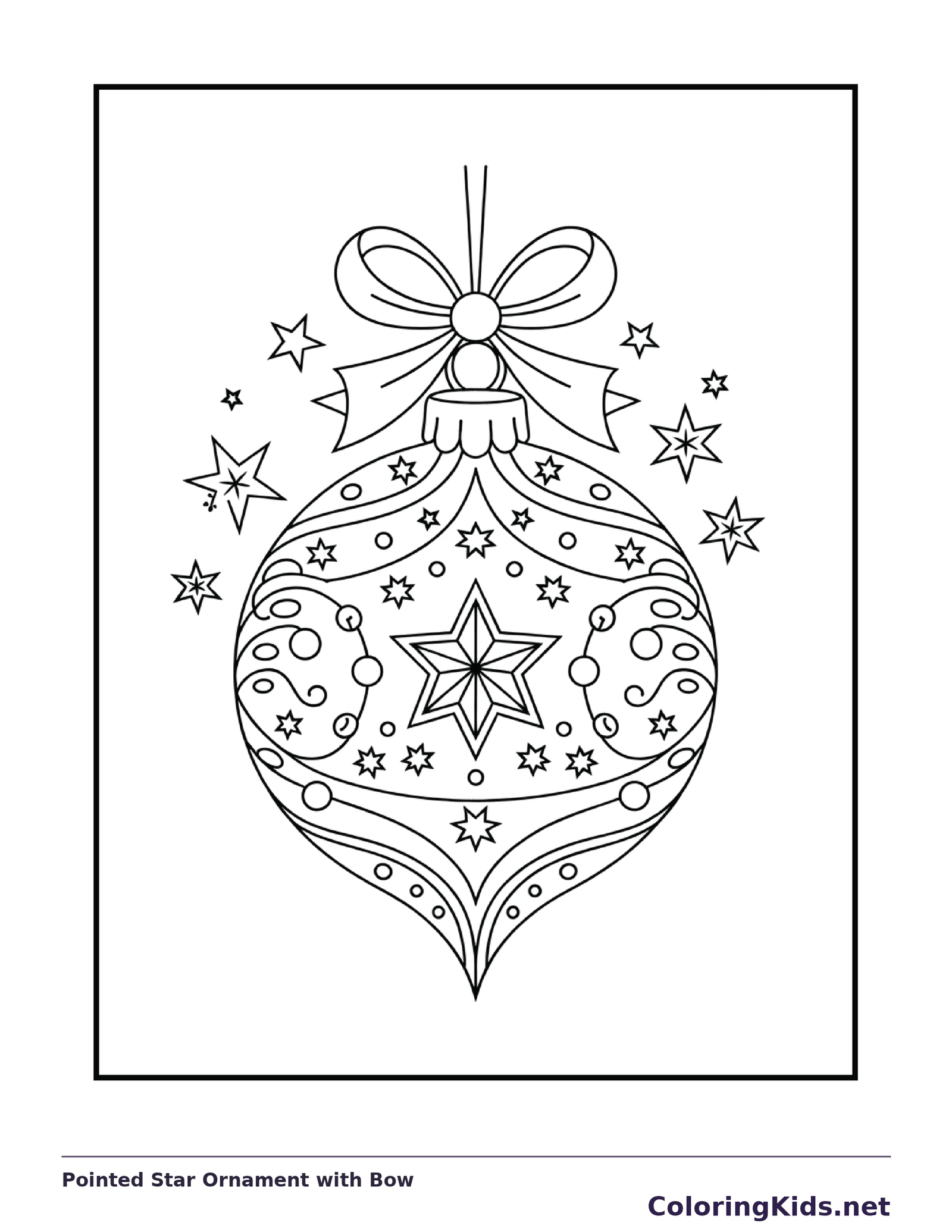 Printable pointed Christmas ornament with a central star, small stars and a bow