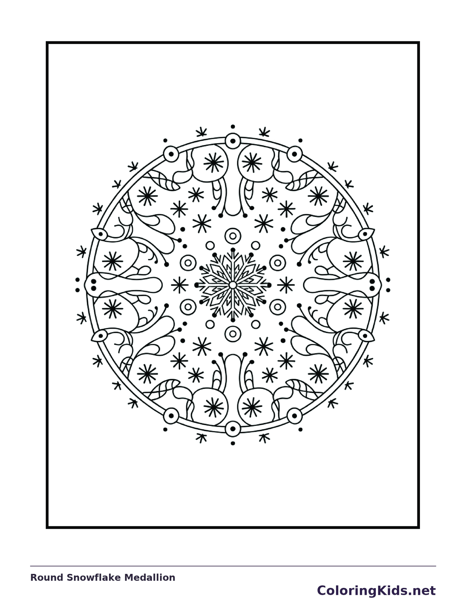 Intricate circular medallion filled with snowflakes, curls and dots