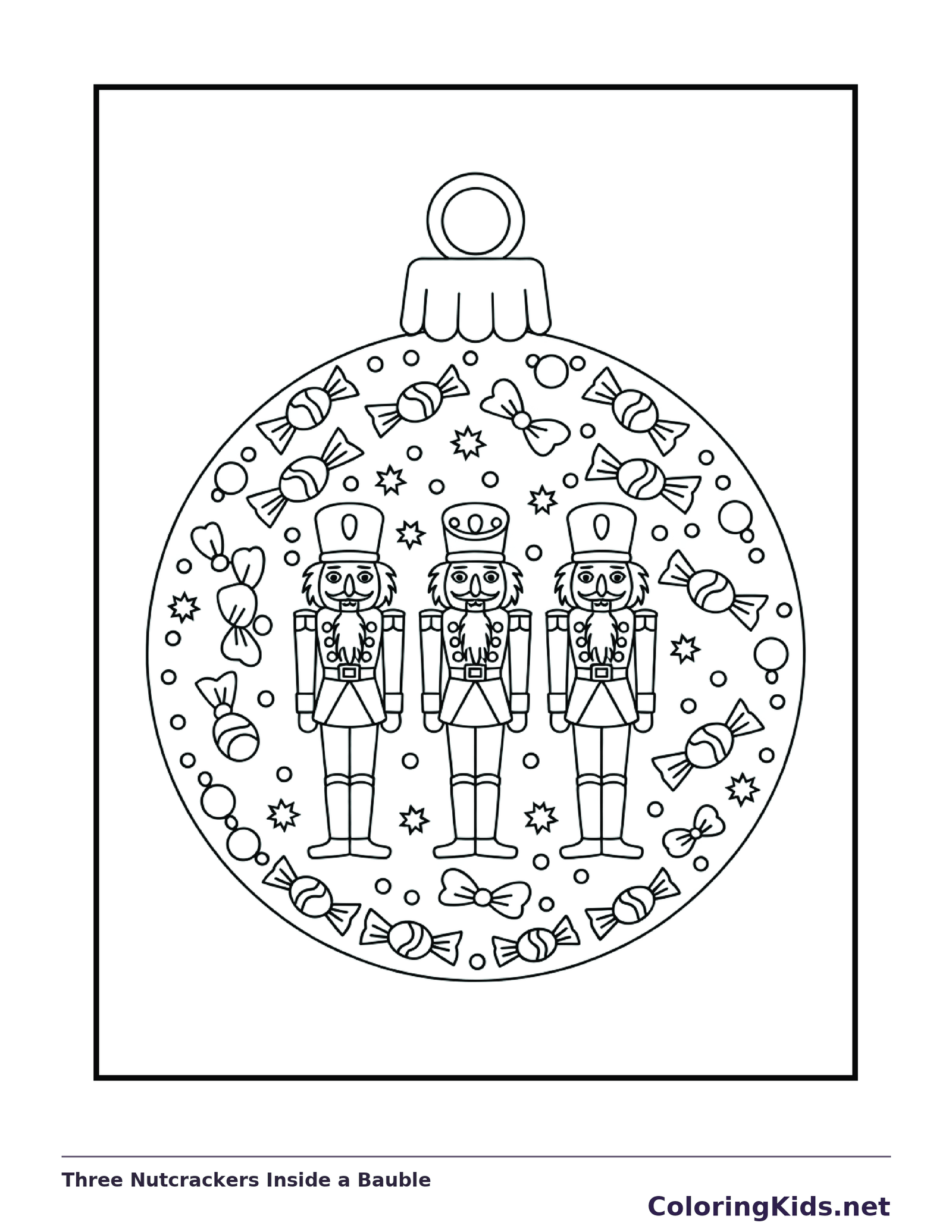 Round ornament with three nutcracker figures amid small holiday motifs