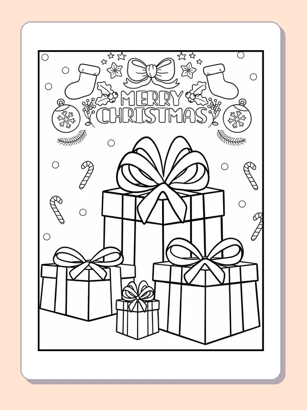 Black and white bow-topped presents and stockings coloring page with wrapped Christmas presents