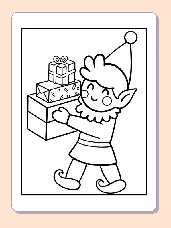 Black and white elf carrying a stack of gifts coloring page with wrapped Christmas presents
