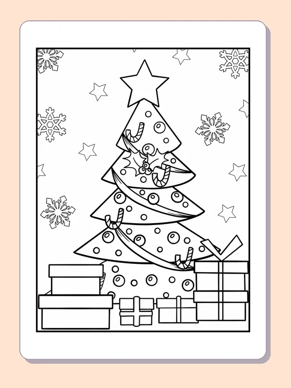 Black and white gifts beneath a decorated tree coloring page with wrapped Christmas presents