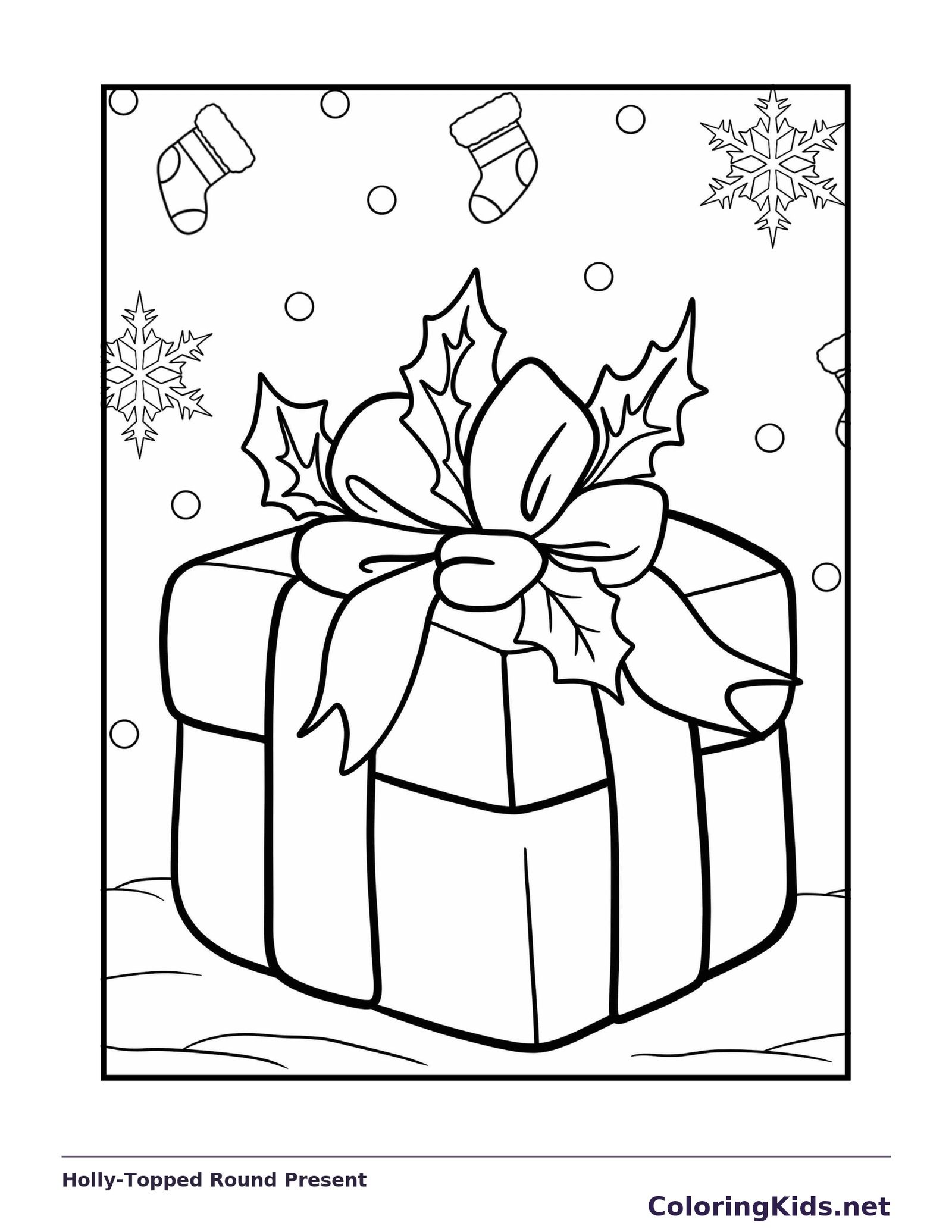 Black and white holly-topped round present coloring page with wrapped Christmas presents