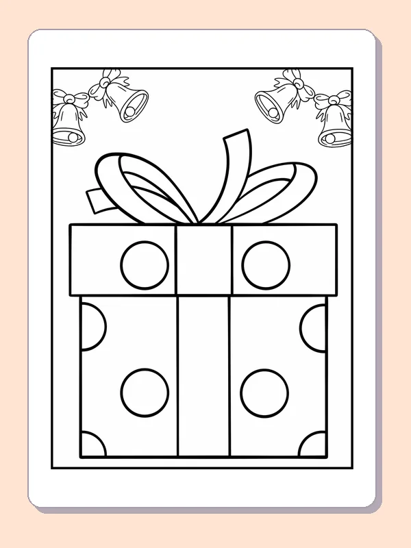 Black and white polka dot present with bell corners coloring page with wrapped Christmas presents