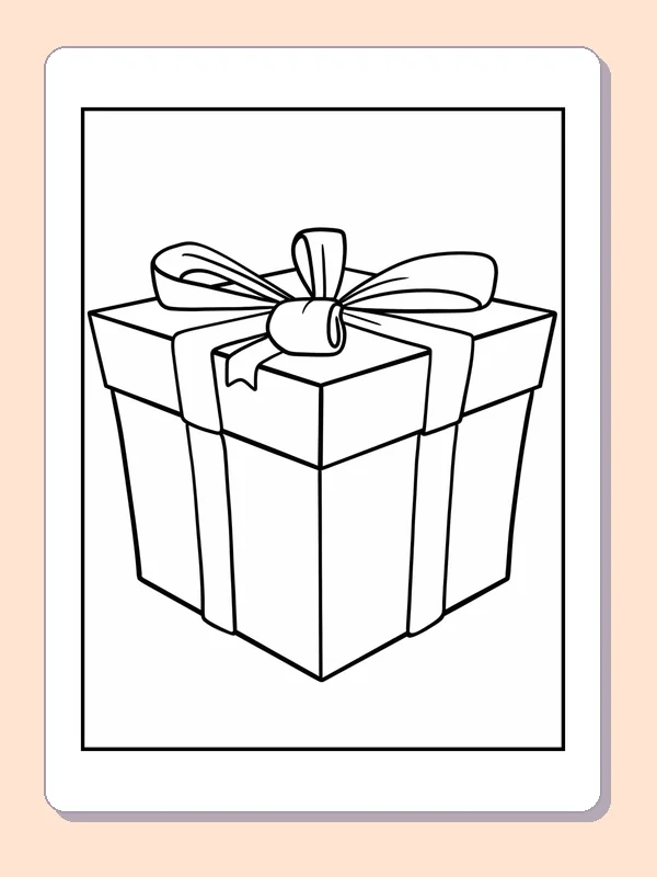 Black and white single present with a wide bow coloring page with wrapped Christmas presents