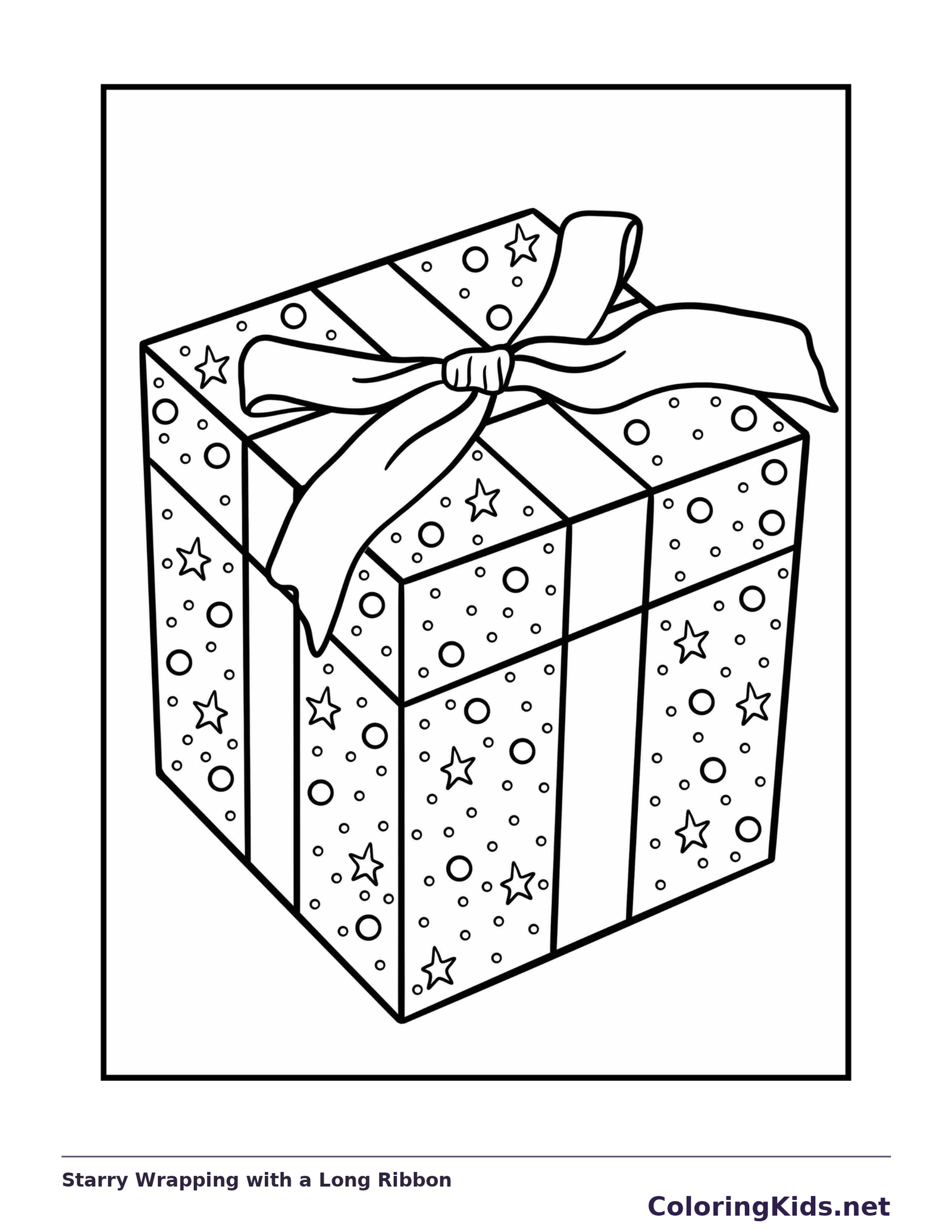 Black and white starry wrapping with a long ribbon coloring page with wrapped Christmas presents
