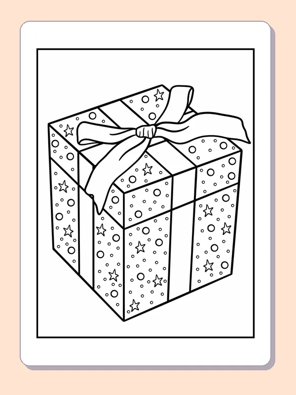Black and white starry wrapping with a long ribbon coloring page with wrapped Christmas presents
