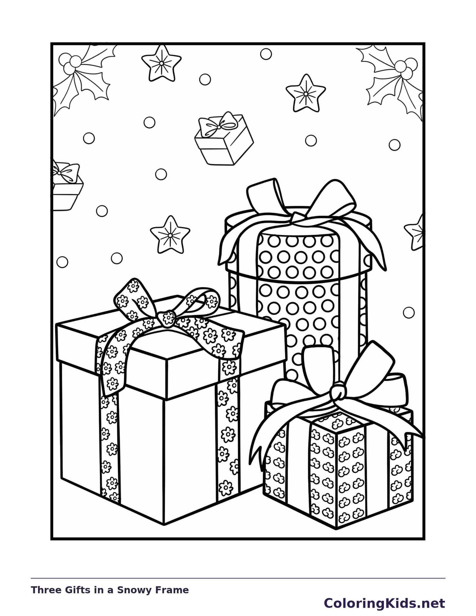 Black and white three gifts in a snowy frame coloring page with wrapped Christmas presents