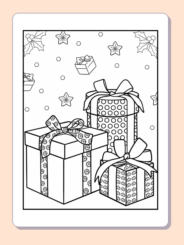 Black and white three gifts in a snowy frame coloring page with wrapped Christmas presents