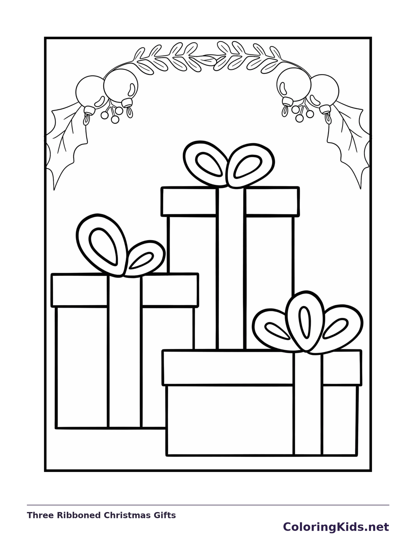 Black and white three ribboned christmas gifts coloring page with wrapped Christmas presents