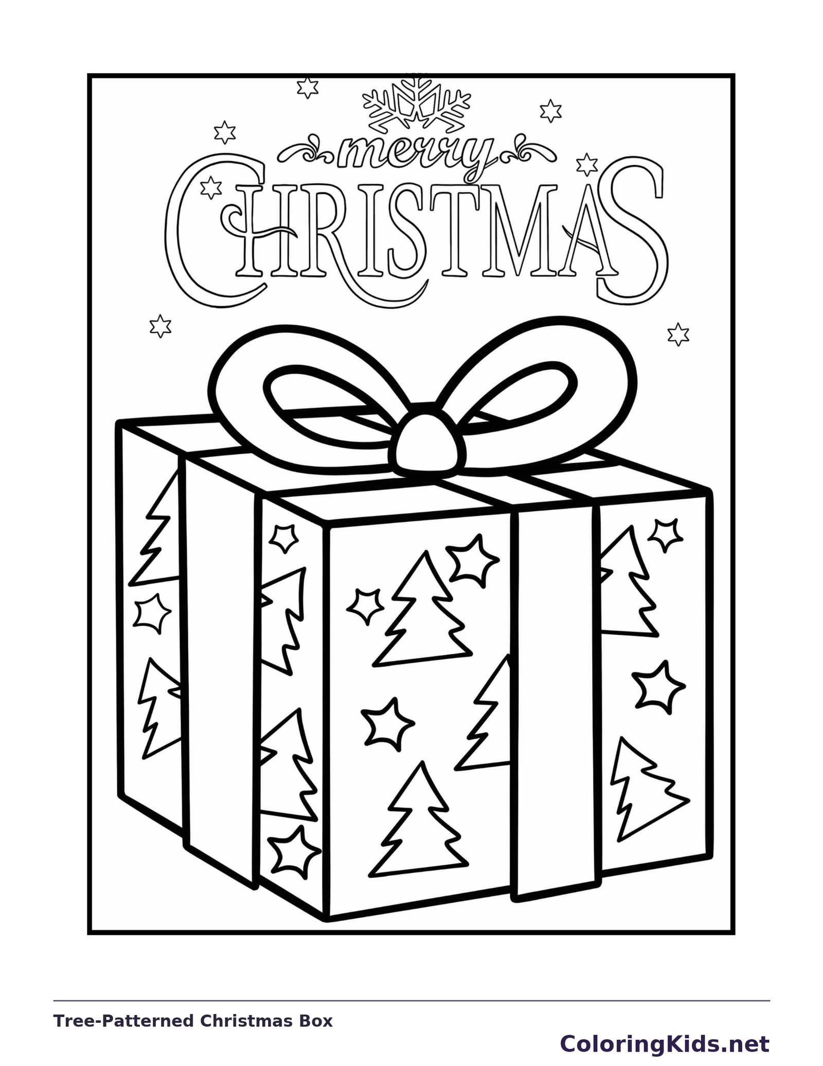 Black and white tree-patterned christmas box coloring page with wrapped Christmas presents