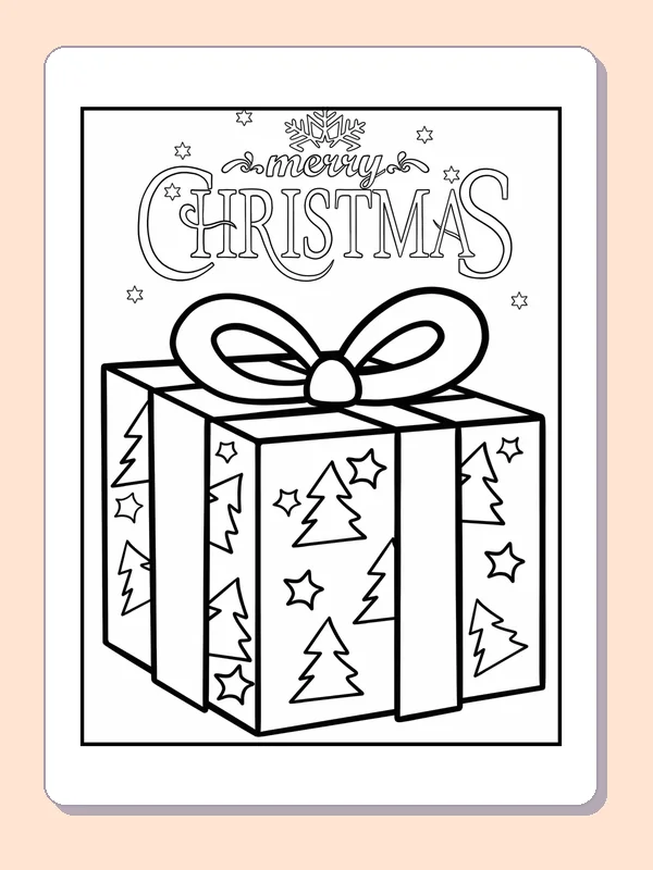Black and white tree-patterned christmas box coloring page with wrapped Christmas presents