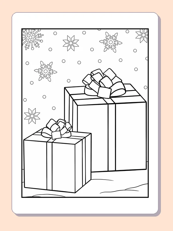 Black and white two gifts in falling snow coloring page with wrapped Christmas presents
