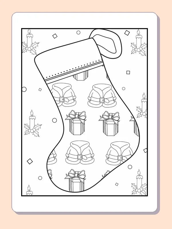 Stocking Patterned with Bells and Gifts coloring page: black and white line art to print or color online