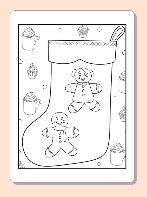 Two Decorative Figures on a Stocking coloring page: black and white line art to print or color online