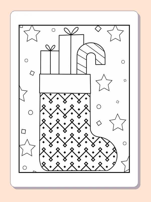 Diamond Stocking with Tall Presents coloring page: black and white line art to print or color online
