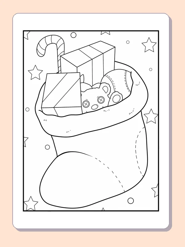 Stocking Packed with Presents and Treats coloring page: black and white line art to print or color online