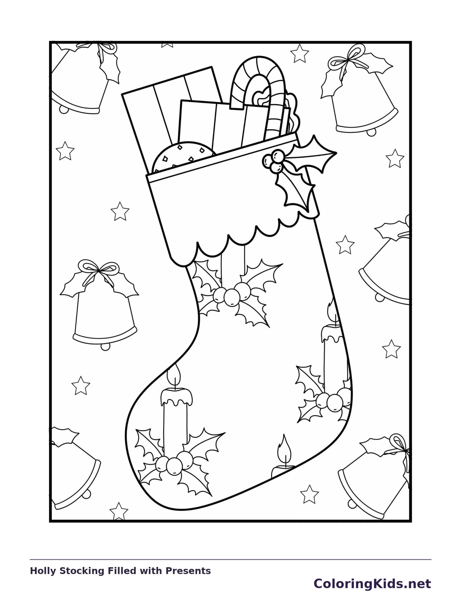 Holly Stocking Filled with Presents coloring page: black and white line art to print or color online