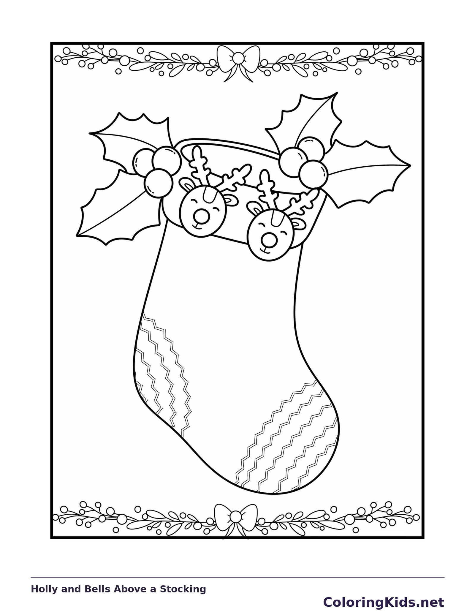 Holly and Bells Above a Stocking coloring page: black and white line art to print or color online