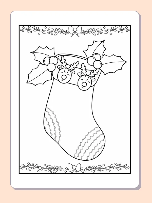 Holly and Bells Above a Stocking coloring page: black and white line art to print or color online