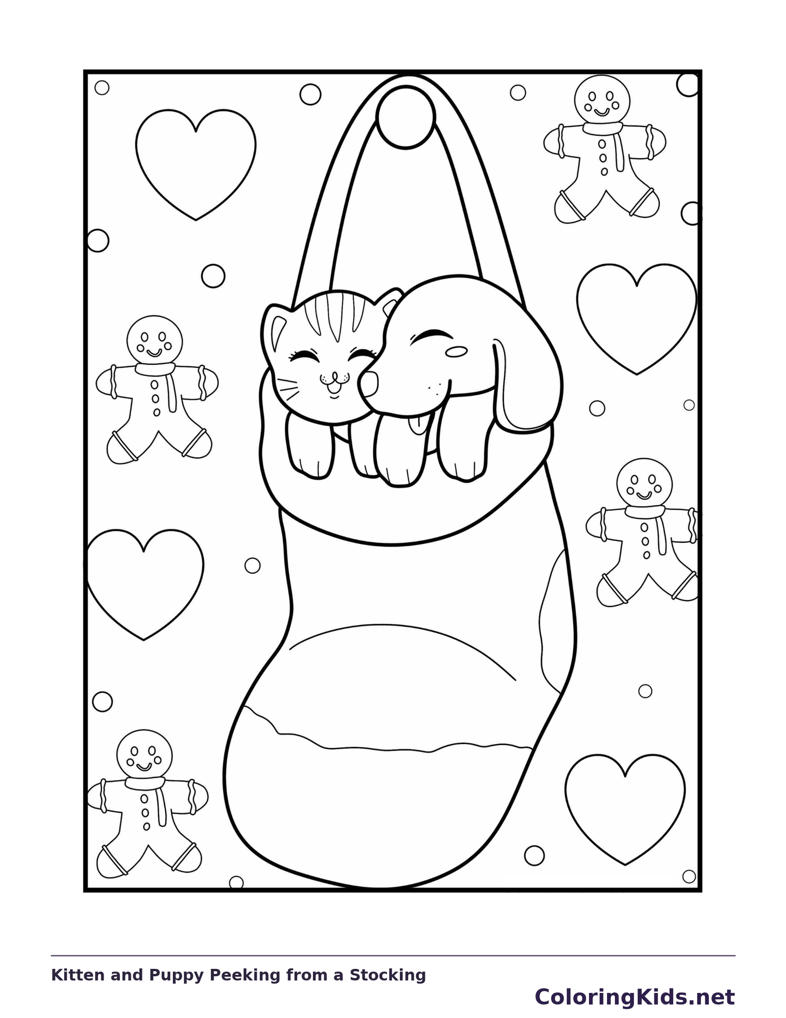 Kitten and Puppy Peeking from a Stocking coloring page: black and white line art to print or color online