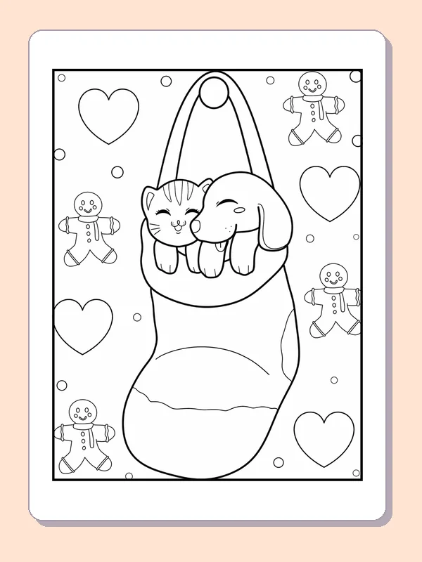 Kitten and Puppy Peeking from a Stocking coloring page: black and white line art to print or color online
