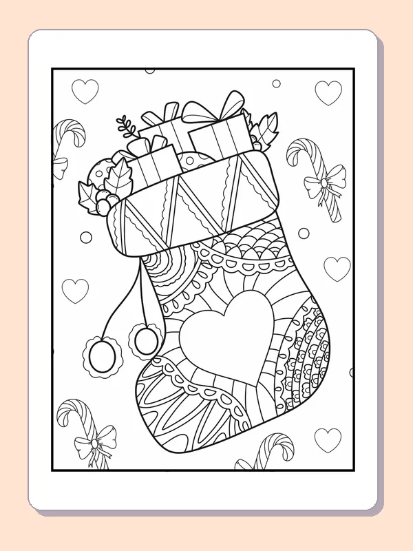 Ornate Heart Stocking with Presents coloring page: black and white line art to print or color online