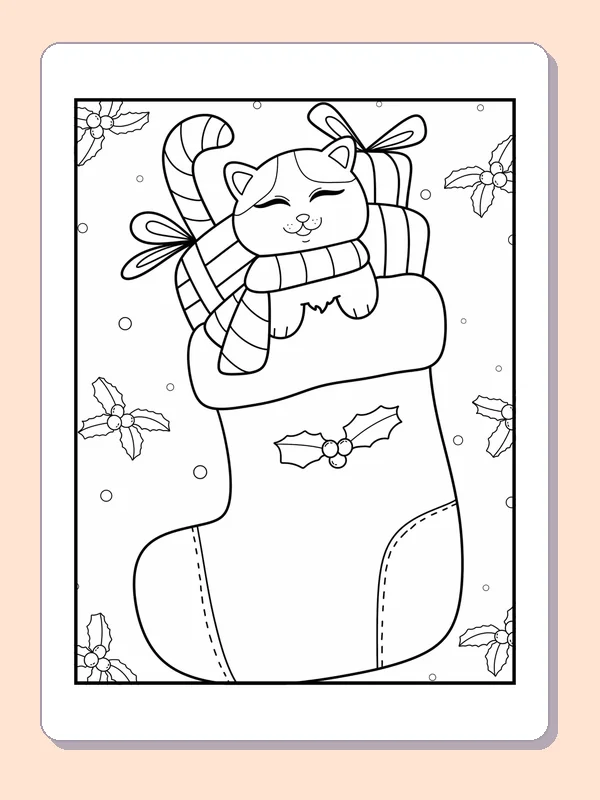 Sleepy Kitten Above a Stocking Cuff coloring page: black and white line art to print or color online